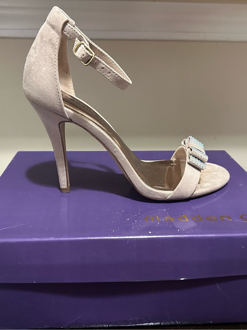 High Heel Ankle-Strap Sandal in Blush with Crystal Bow